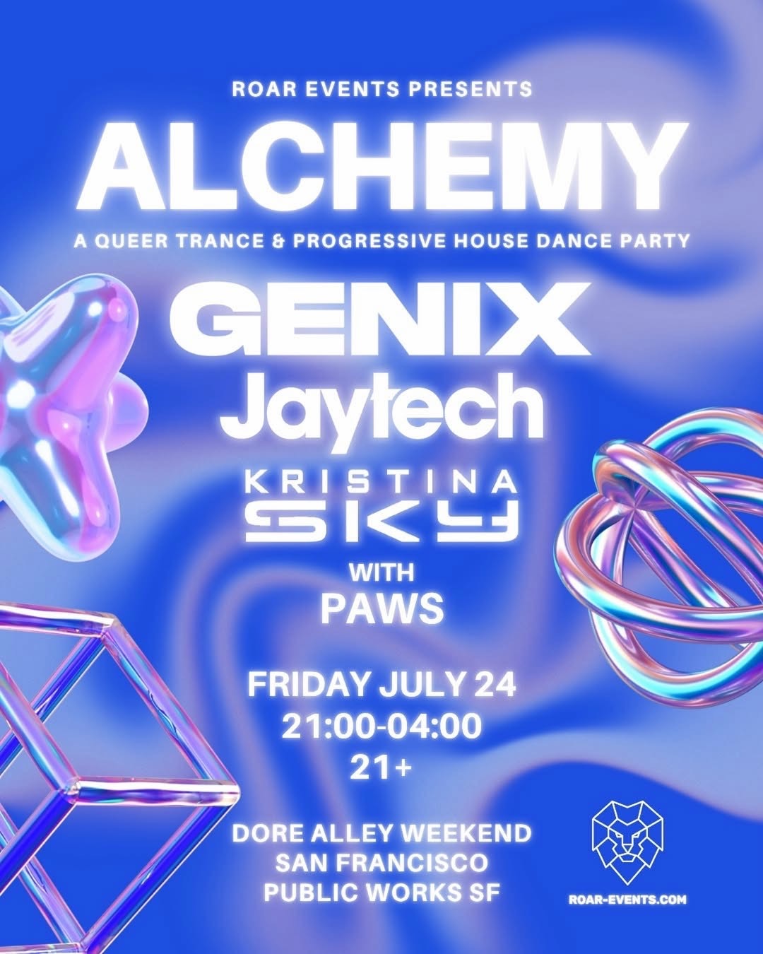 Alchemy — Roar Events presents Genix, Jaytech, Kristina Sky with Paws, poster